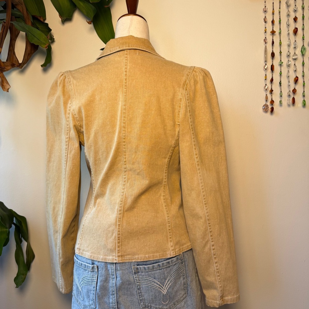 Fifi Tan Denim Pleated Waist Puff Sleeve Blazer Jacket Y2K Indie Minimalist Twee - Picture 3 of 5